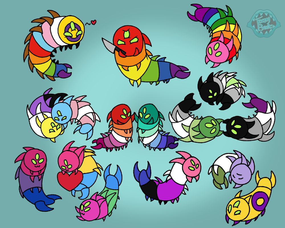 16 Hive worms in various poses colored like different pride flags. Flags used: Intersex-inclusive pride, traditional pride, Gilbert Baker pride, nonbinary, transgender, lesbian, gay, asexual, agender, aromantic, bisexual, pansexual, polysexual, genderfluid, genderqueer, and intersex.