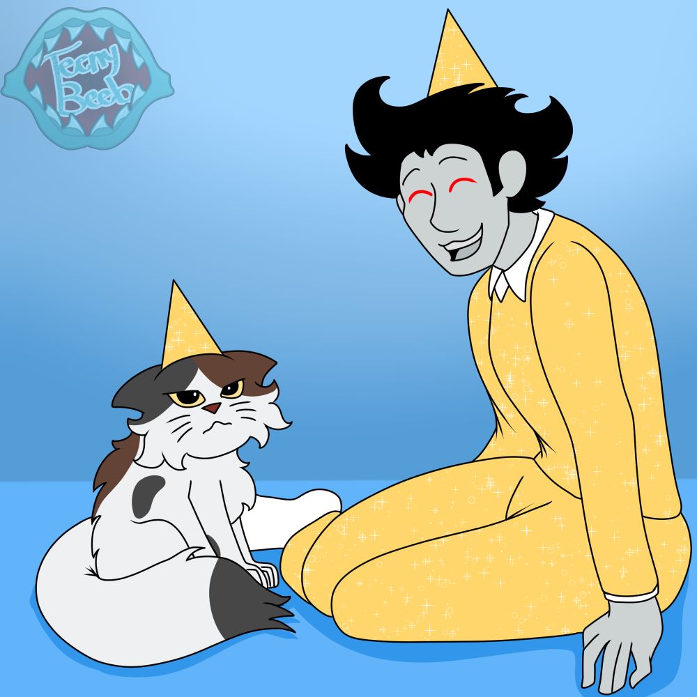 A man in a glittery yellow suit with a matching party hat (Rigel) sits, smiling at his cat (Turtle) who is begrudgingly also wearing a matching party hat. 