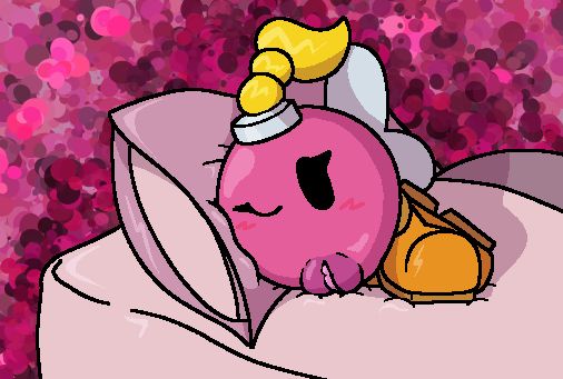 A pink bob-omb on a pillow in front of an abstract background