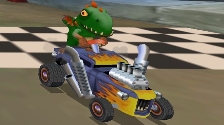 Fygar driving their Pac-Man World Rally vehicle, a sick ass hot rod with a flame pattern