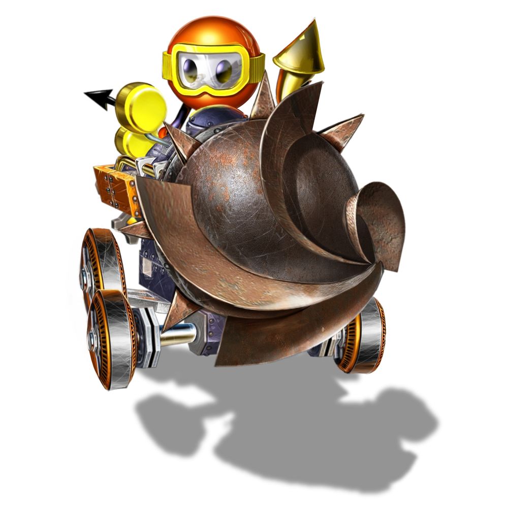 Pooka from Dig-Dug driving their Pac-Man World Rally vehicle, which is a huge, menacing, rusty iron drill with wheels. Run.