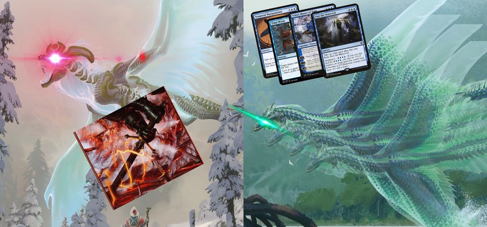 A side-by side of Ureni, The Song Unending and Teval, Arbiter of Virtue. Ureni has pink laser eyes and is holding Embercleave, while Teval has teal laser eyes, several after images, and is pictured next to a variety of extra turn spells.