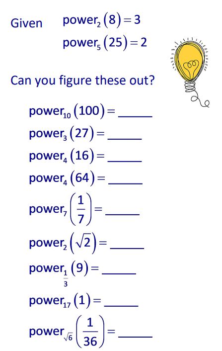 The picture shows the word power with subscript 2 of 8 equals 3 and power with subscript 5 of 25 equals 2, followed by nine more without the value for students to figure out.