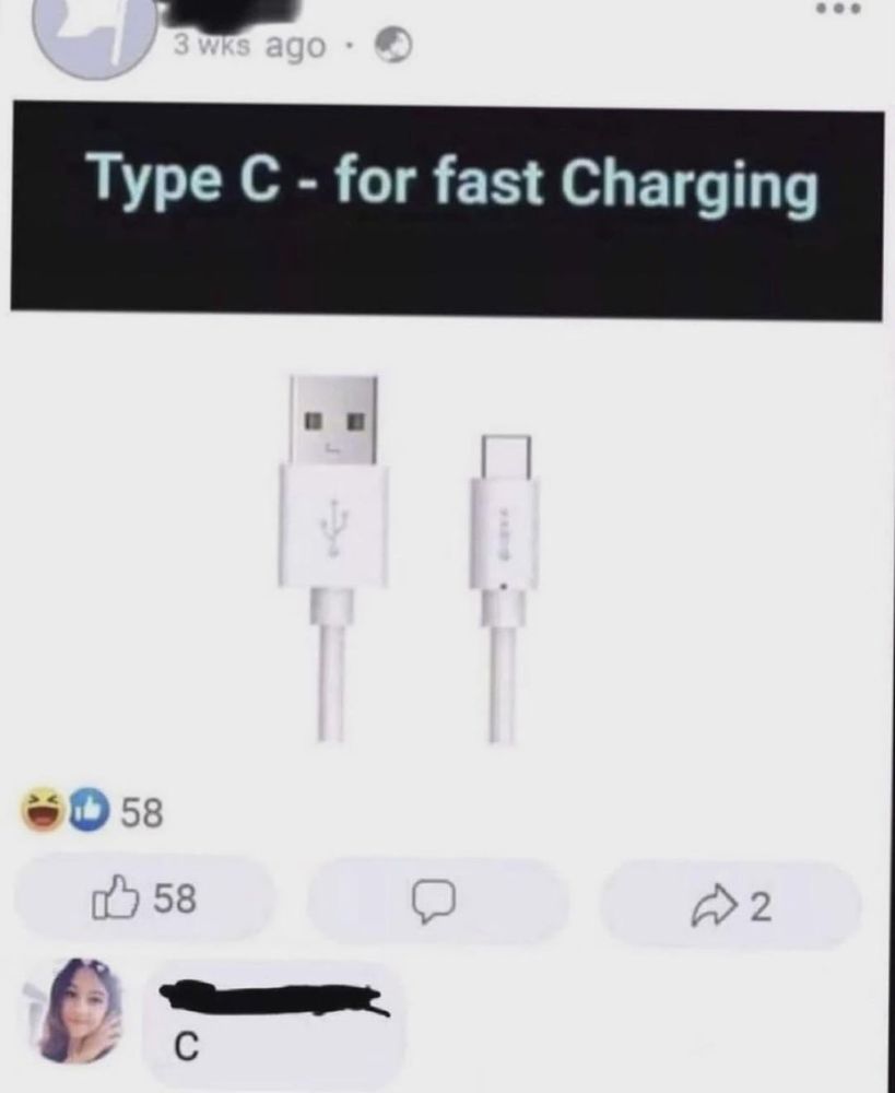 facebook meme "Type C for fast charging" charging cable, comment underneath takes it literally and types C