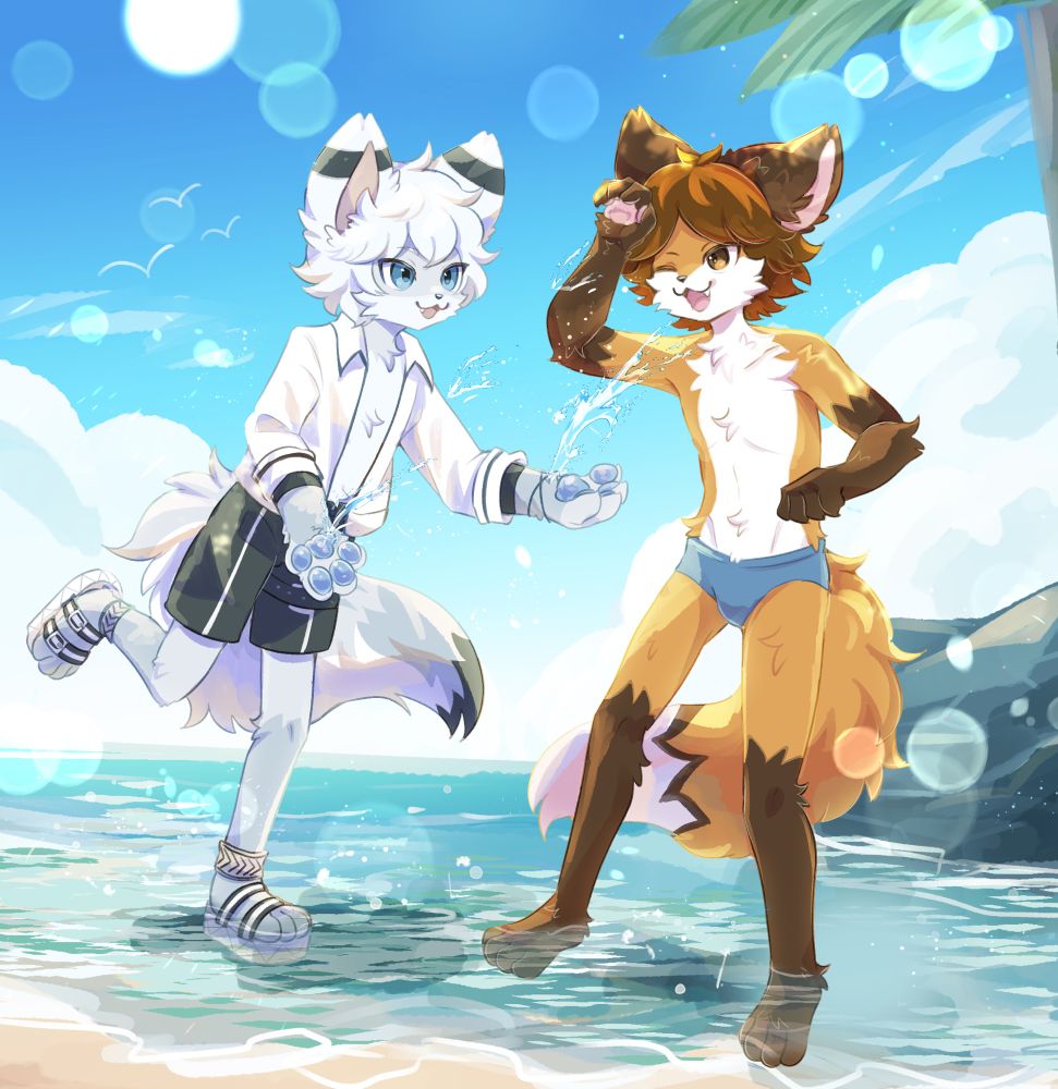Takuma (left) and Taylor (right) happily playing together at the beach. Takuma can be seen splashing water at Taylor.