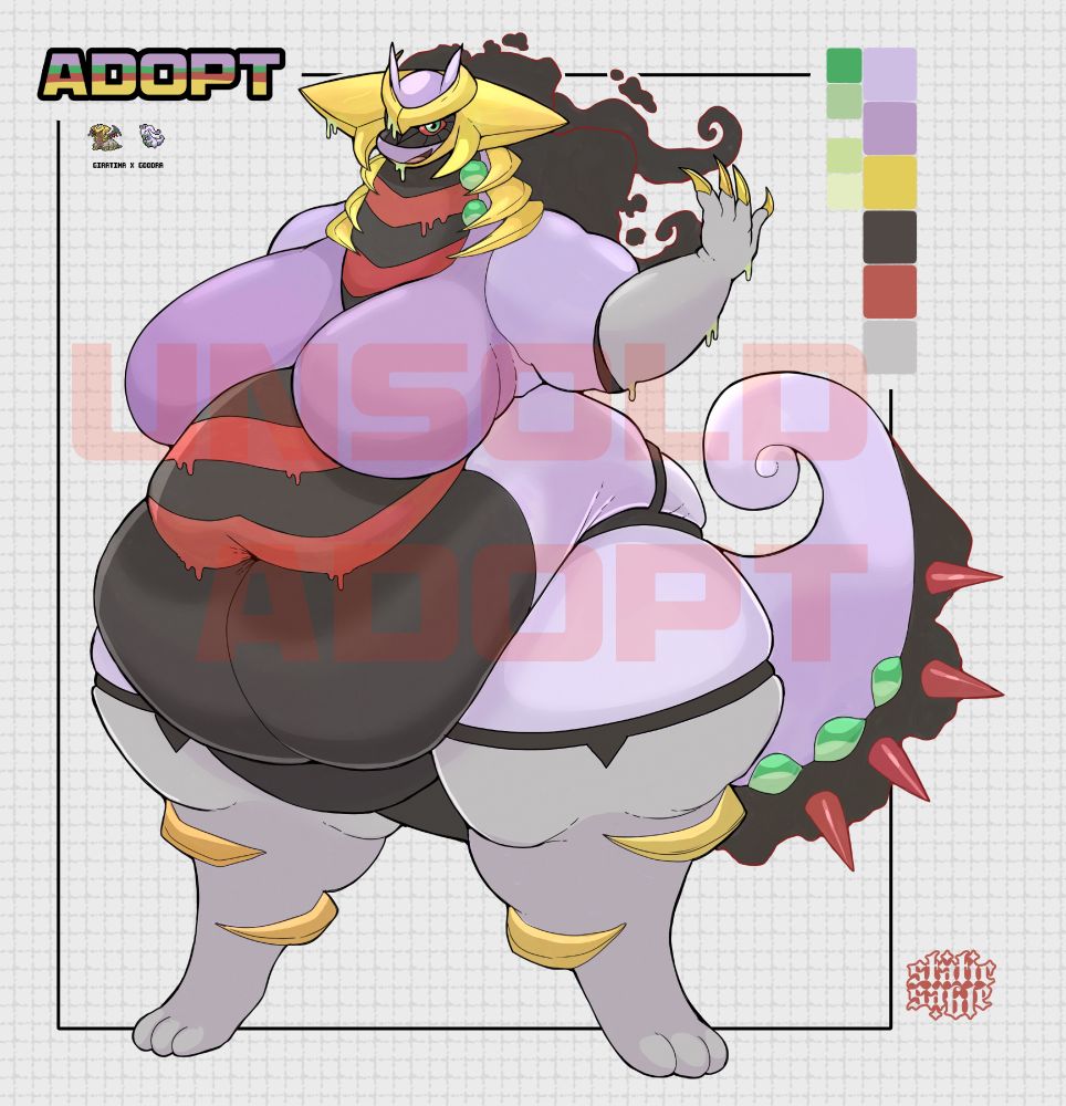 digital art of a fat femme anthro pokemon fusion between Goodra and Giratina