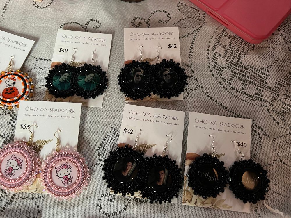 Beaded earrings featuring Twilight, Hello Kitty and Snoopy.