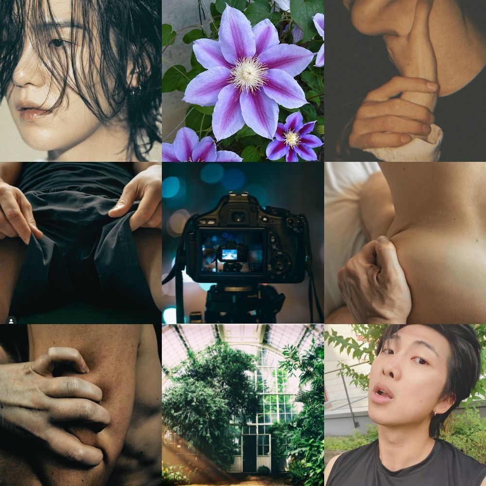 namgi collage with photos of Yoongi and Namjoon, the clematis flower, a professional camera, a greenhouse, a man's hand gripping another man's hip, a man's hand digging into a man's arm, a man's hand gripping another man's throat, and a man barely lifting his shorts