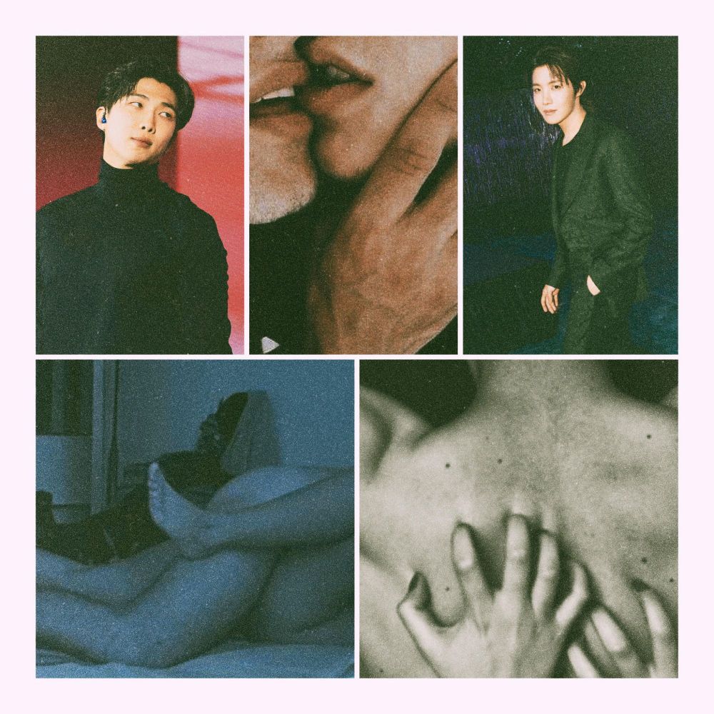 namseok collage of Namjoon and Hoseok at the Love Your W event, two men almost kissing, nails scratching down a back, and two people having sex