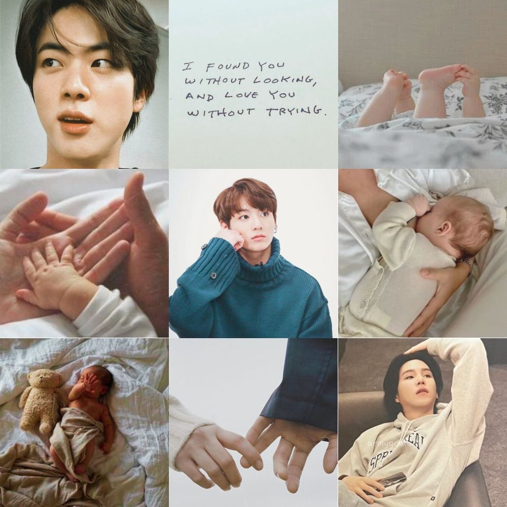yoonjinkook collage with photos of Seokjin, Yoongi, and Jungkook, various images of babies, a baby's hand on a parent's hand, a baby holding their feet, and a photo with text saying I found you without looking and love you without trying