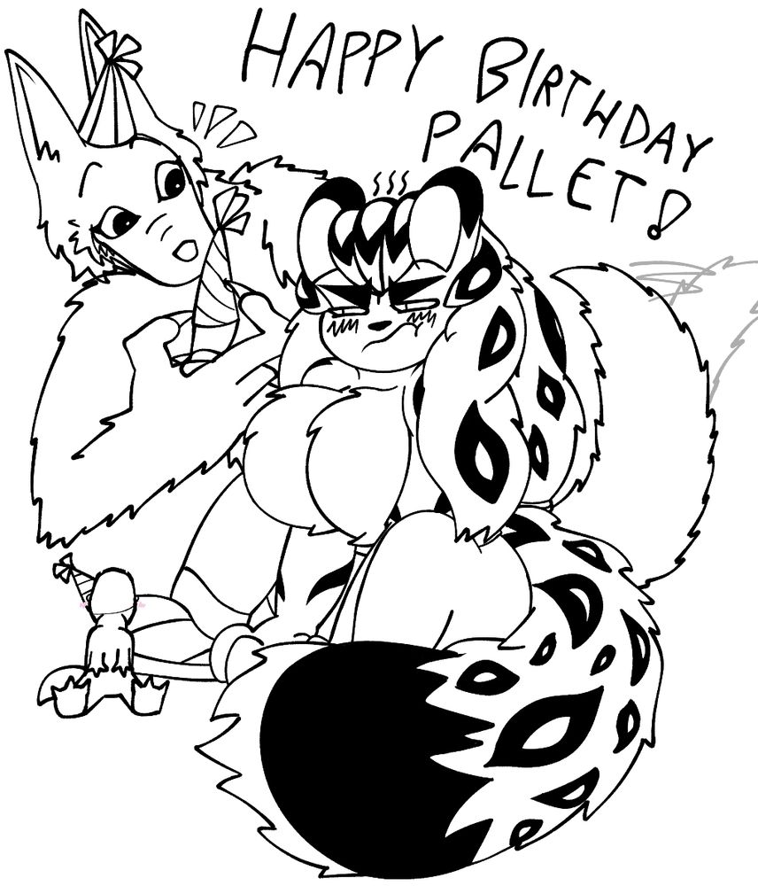 Birthday Sketch
Featuring Stella (My Embarrassed Snow Leopard Character)
Carmen (Pallet's Excited Werewolf Character)
And Pallet (Little Dinosaur Sona)
