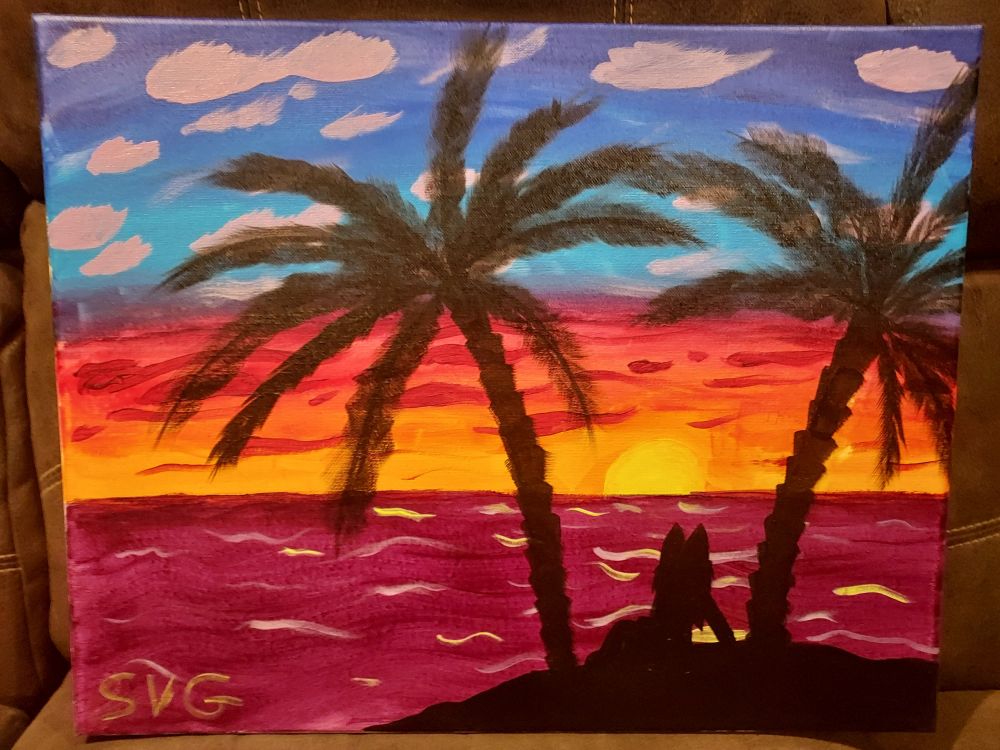 Island Sunset Painting with the Silhouette of my character Voyla sitting on the island, admiring the sunset
