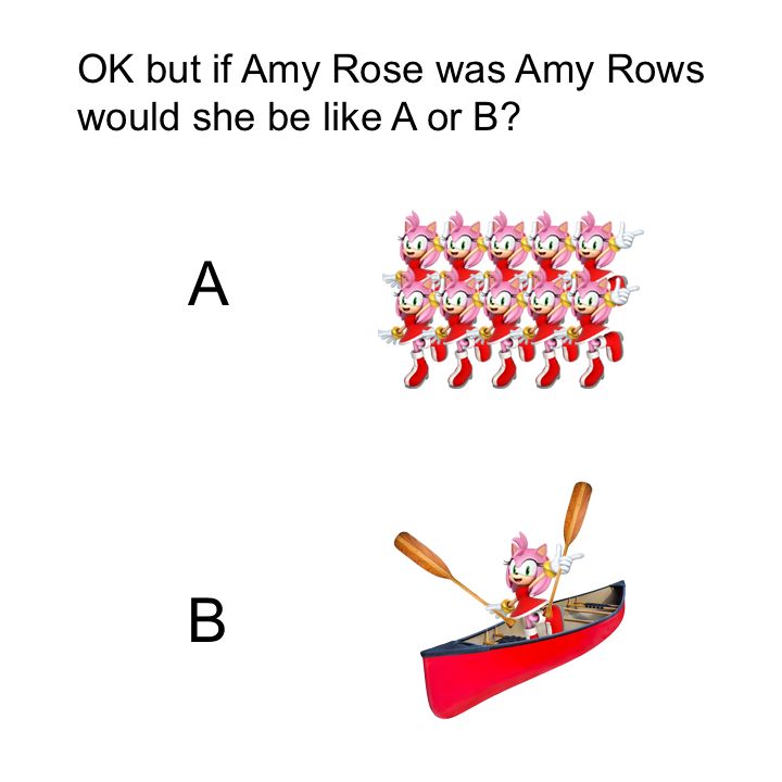 Text reads: "OK but if Amy Rose was Amy Rows would she be like A or B?". Option A shows 10 Amy Roses lined up in 2 rows. Option B shows Amy Rose in a small rowing boat, with an oar in each hand.