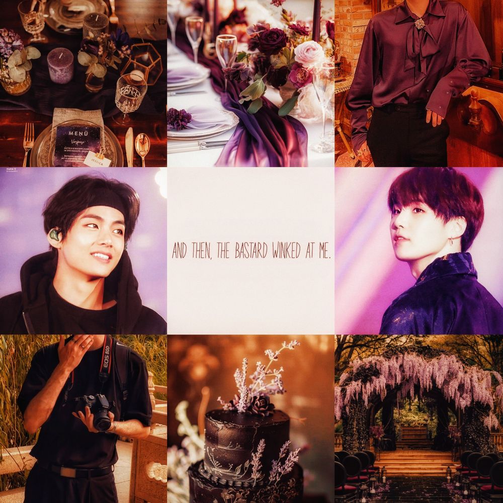 Read from top left to right.
A rich purple and dark floral wedding aesthetic moodboard featuring elegant table settings, luxurious bouquets, a stylish man in a purple blouse, Taehyung smiling in casual black, Yoongi in soft purple lighting, a camera-holding photographer, a dark floral cake, a wisteria-draped ceremony arch, and the text in the middle “AND THEN, THE BASTARD WINKED AT ME.”