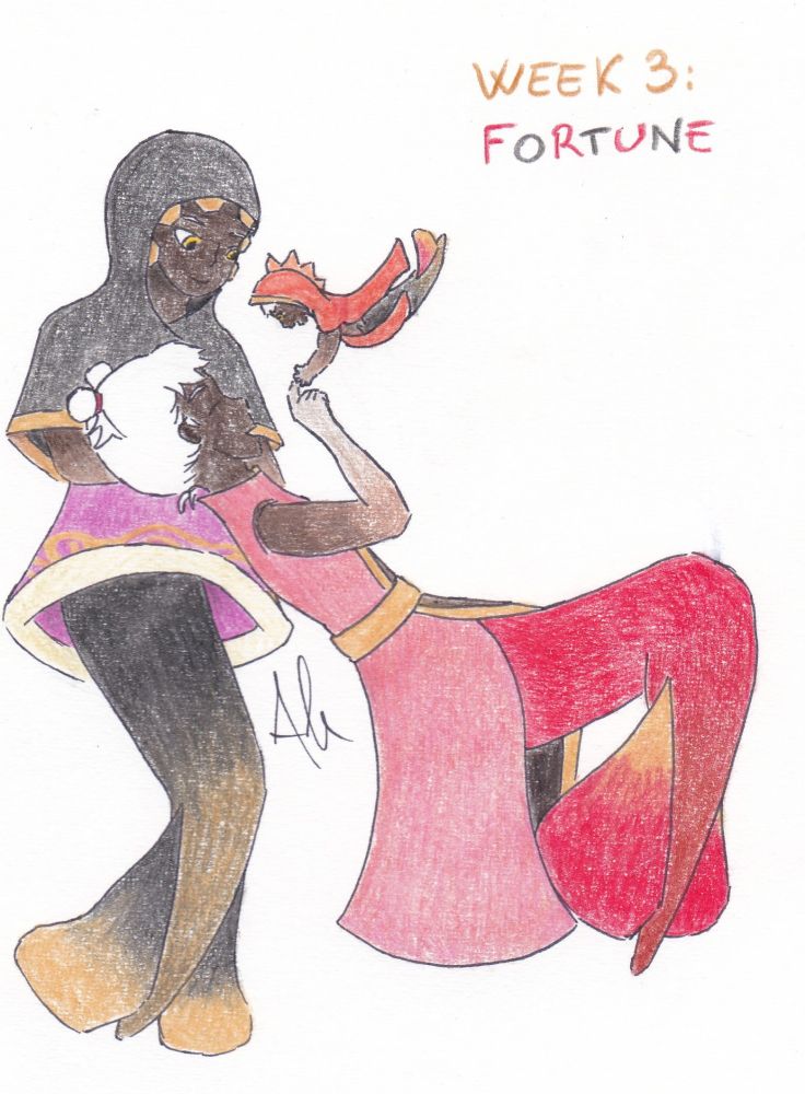 Three mermaids, all with dark skin and white hair, one small with black, red and gold tail and fish-like clothes, holding a finger of a mermaid with red and gold tail and a pink, black and gold dress; a third one is on the side, with black and gold hood, fuschia skirt and black and gold tail, looking at the others with love