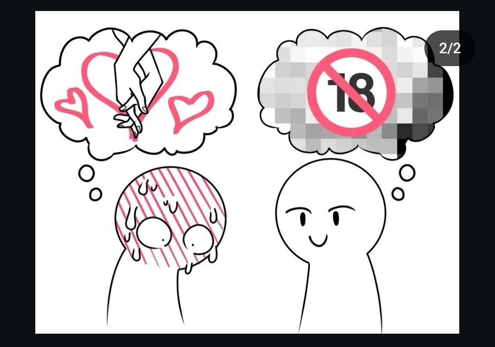 Meme of one character blushing when thinking of holding hands, while the other smiling while thinking of 🔞