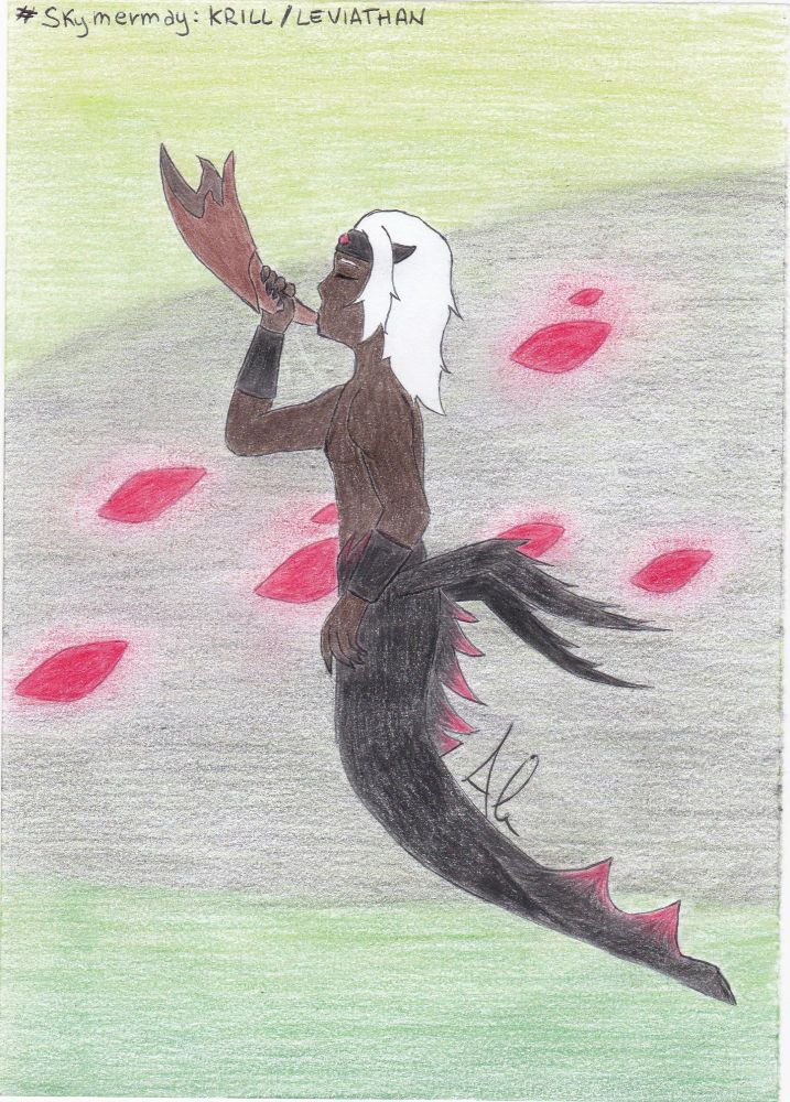 A mermaid with a krill-like black and red tail, dark skin and white hair, blowing in a horn; a dark creature with many red eyes appears in the green background 