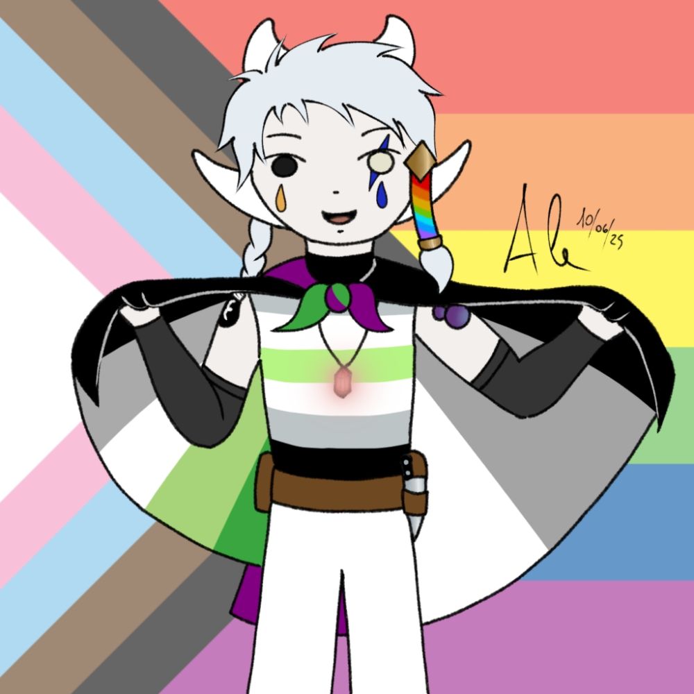 My sona with the ace and the aro flags as capes, holding them open, and the tank top in the colors of the agender flag; background is the progressive pride flag 