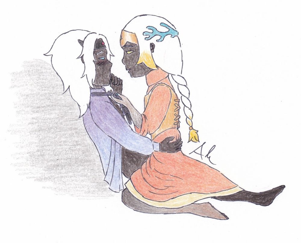 Edhris with the dress on riding Nakrial and holding them by the necktie; Nakrial is blushing and has only the unbuttoned shirt on