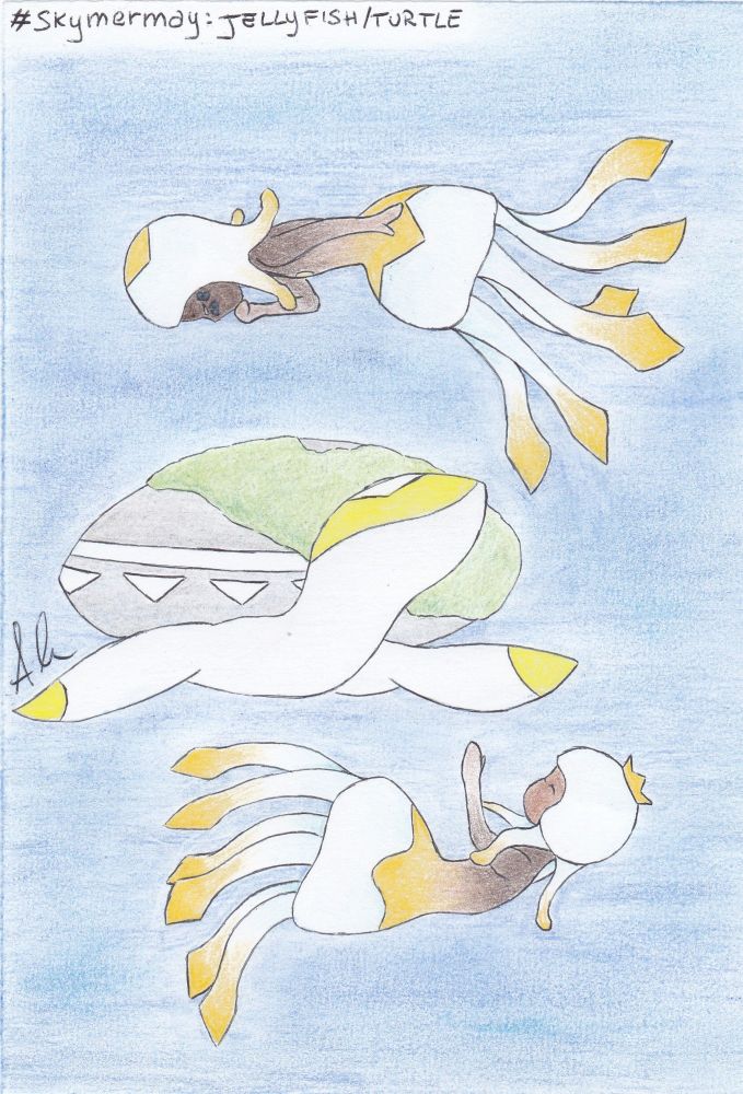 Two mermaids with jellyfish-like tails and hair and dark skin, swimming around Sanctuary turtle