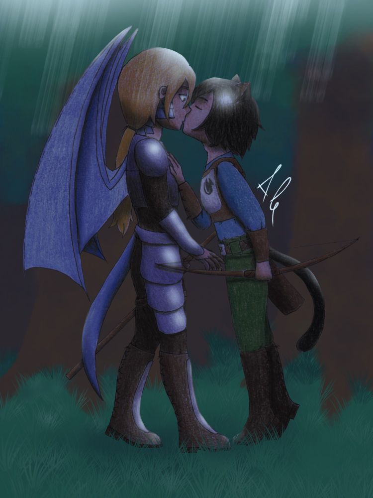 My OCs Tarsen (long blond hair, blue dragon wings and tail) and Ahiryl (black hair and cat ears and tail); Ahiryl is kissing Tarsen on the lips in a night forest, moon light shines from above