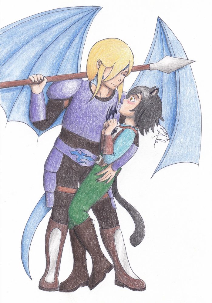 My OCs Tarsen and Ahiryl: Tarsen holds Ahiryl in his left arm by the waist and looks at him in the eyes while carrying his spear on his right shoulder