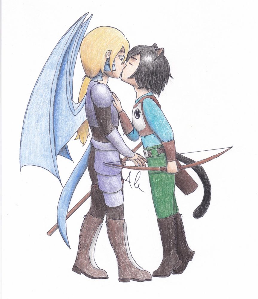 My OCs Tarsen (long blond hair, blue dragon wings and tail) and Ahiryl (black hair and cat ears and tail); Ahiryl is kissing Tarsen on the lips