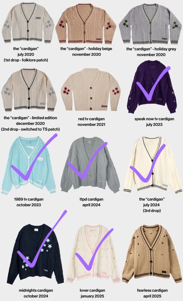 all 12 taylor swift cardigans. nothing on the pictures of the "cardigan" (1st drop), holiday beige, holiday grey, the "cardigan" (2nd drop), red tv, and Fearless cardigans. purple check marks on speak now tv cardigan, 1989 tv cardigan, ttpd cardigan, the "cardigan" (3rd drop), Midnights cardigans, and lover cardigan to indicate owned.