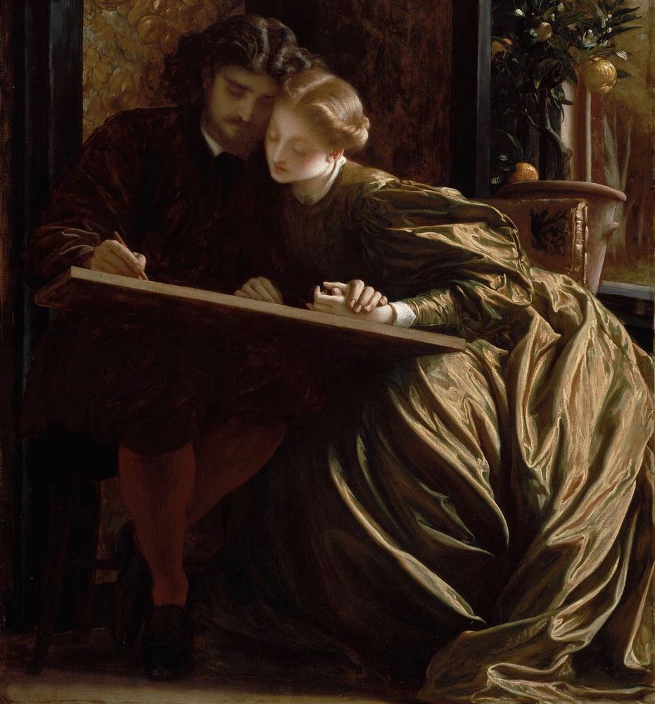 Leighton’s beautifully romantic scene shows a young couple, sat close together, as “The Painter” of the title is sketching on a large drawing pad with his right hand, his left hand holding that of his red-haired bride.  She is wearing a voluminous dress that is almost a bronze coloured satin, the fabric pooling down to the floor as she leans in close to her new husband. Her long red hair is bound up in a soft curl that’s almost like a halo around her head.  Her dashing young husband has long, wavy brown hair, parted in the centre and sports a full beard and moustache.  He is dressed in a dark brown top/jacket and short, knickerbocker-style trousers, with his exposed (or light stockinged) lower legs crossed in the shadow of the drawing platform/pad upon which he’s sketching. He wears dark shoes. The faces of the newlyweds are tenderly pressed cheek to cheek: whilst he is clearly concentrating on his art, his new bride, nestling close, appears affectionately fascinated, as she watches him drawing.  On the right, above and behind them, there appears to be a wooden shelf with a plant of some sort.  The Wikipedia article says this was meant to be an orange tree, but its “fruits” seem metallic.  Apart from a path of light which must be coming from a source we cannot see-perhaps a window or candlelight, which casts its glow across her satiny dress, as well as softly lighting her rose-cheeked face- the whole scene is in tones of browns, deep bronzes and soft gold, with deep shadows -and the couple’s closeness - creating a sense of intimacy. The painter may be on honeymoon, but that has not stopped him from working on his art.  And his adoring wife, beside him, clearly supports his endeavour, seemingly enrapt by what he is working on.  It’s a very Romantic scene, so tender and, we think, so very beautiful. ~💞