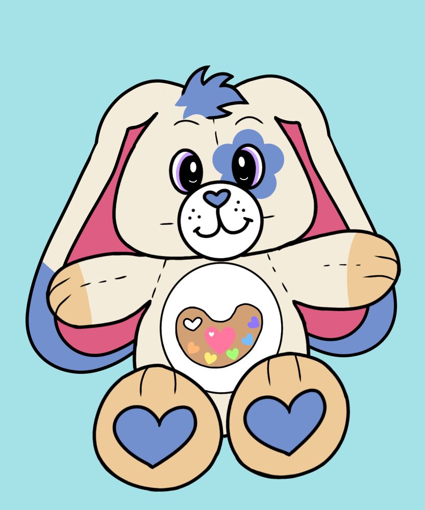 On a blue background, a Care Bear style cartoon bunny sits. They are a cream color with periwinkle eartips, heart paw pads, a floof atop their head, and a flower splotch around their right eye. They have lavender eyes, pink inner ears, and a periwinkle heart nose. Their belly badge is a paint pallet with heart shaped paints in a rainbow. Their forepaws and back paws or a slightly darker shade of tan. 