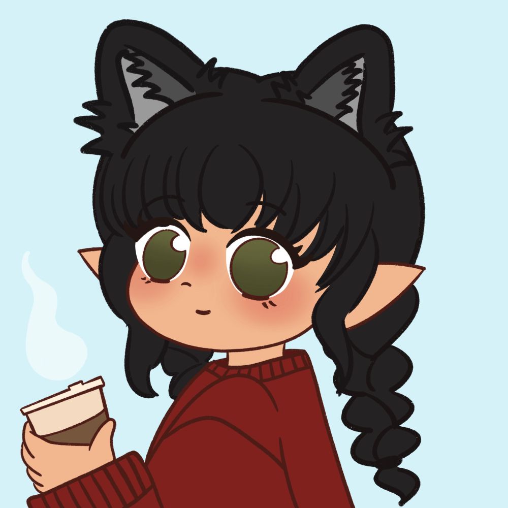 A cartoon drawing of a girl in a red sweater against a light blue background. She has long, braided, black hair; green eyes; and tan brown skin. Black fox ears sit atop her head, she has pointed ears, and she’s holding a hot coffee. 