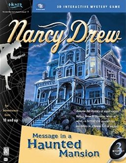 The cover art for the computer game "Nancy Drew: Message in a Haunted Mansion," featuring an illustration of a blue-shaded Victorian mansion