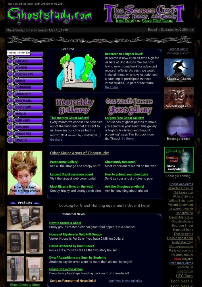 A screenshot of the site ghoststudy.com in 2004 taken from the Wayback Machine. It has a black background with white, green, and purple text.

A purple menu in the left sidebar has links to different pages, like Galleries, Archives, Stories, Community, and more. Below that is a picture of a scared-looking girl with her hair in the air, overlaid with text saying, "How to submit Your chilling photos." And below that are advertisements for ghost hunting gear.

In the left sidebar are a variety of pictures linking to other pages and external sites. A collection of links under that go to different ghost-related topics, like "Queen Mary Ship," "Bourbon Street," and "Theater cams."

The middle of the page has links and descriptions of pages with galleries, message boards, and paranormal news.
