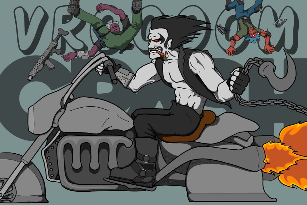 Illustration of Lobo on his space hog, with aliens appearing to fly through the air after being hit by Lobo in the background.