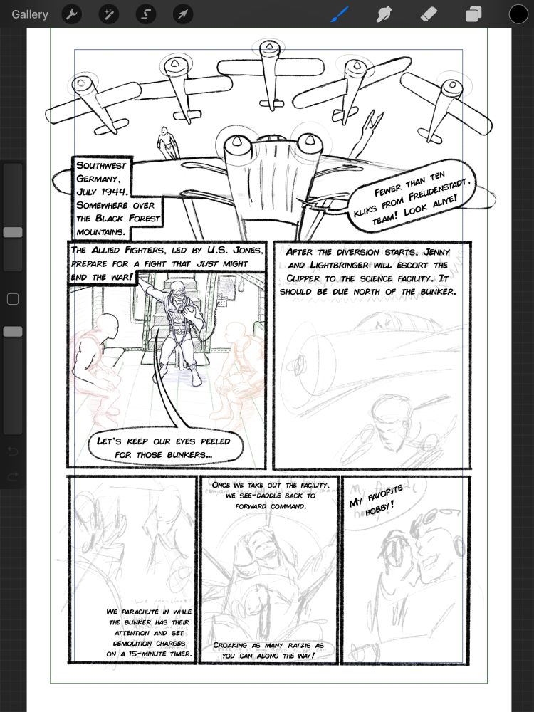 early draft comic page with unfinished panels and text.