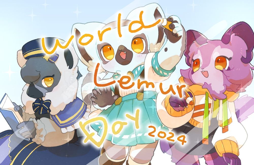 世界キツネザルの日のイラスト。クロシロエリマキキツネザルのラズラ、ワオキツネザルのネペタ、アイアイのラミーの3人。