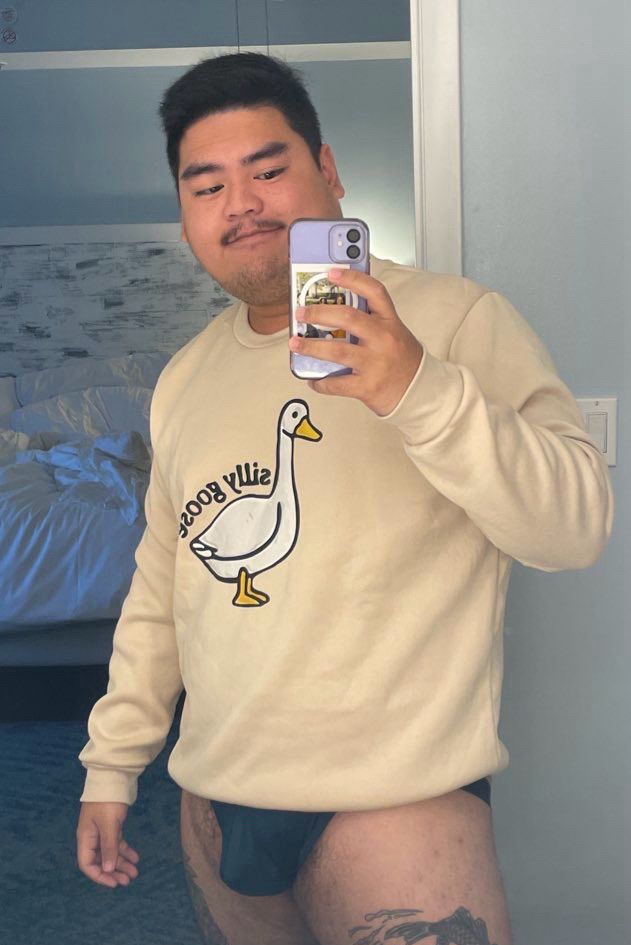 A pic of me in a yellow silly goose sweatshirt and a jockstrap