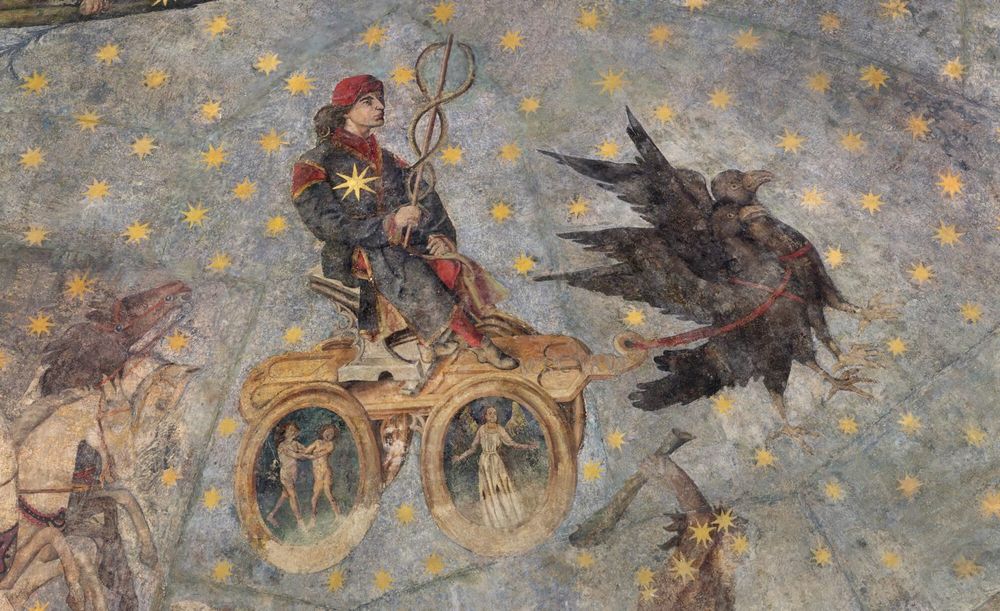 Picture of Mercury carrying his caduceus in a chariot pulled by crows on a starry field.  