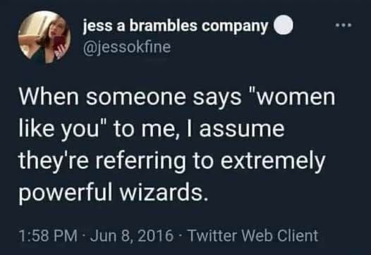 Twitter post from 1:58 PM Jun 8 2016 by user: jess a brambles company @jessokfine

"When someone says 'women like you' to me, I assume they're referring to extremely powerful wizards."