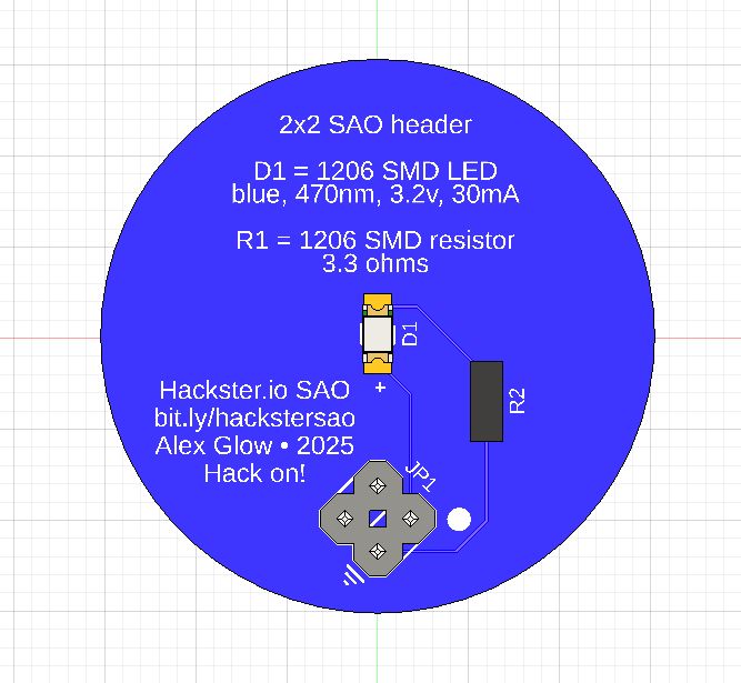 Back of the PCB: blue solder mask with an LED, resistor, and markings for the SAO header. Also, info including the components and an inactive link to the upcoming tutorial.