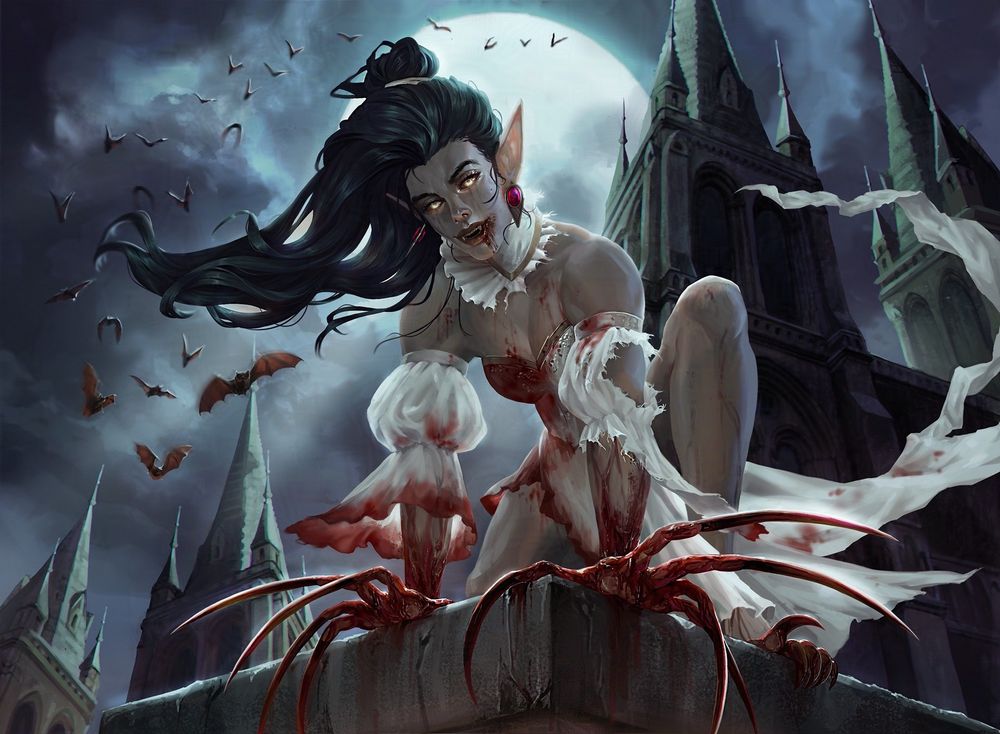 Digital illustration of a vampire with long claws in a torn white dress crouched on a ledge looking at the viewer. She is smirking, covered in blood. There is a moonlit gothic cityscape behind her.