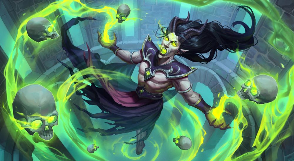 A digital illustration of a horned character rising from the ground inside a circular stone building in high-angle perspective. They are surrounded by and imbued with green fire-like magic. Human skulls swirl around them.