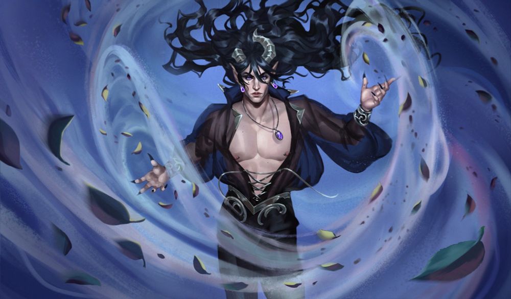 A digital illustration of a pale horned masc-presenting character wearing black blouse and pants. He is standing against a blue background, surrounded by swirling wind and leaves, gesturing as though he is commanding them