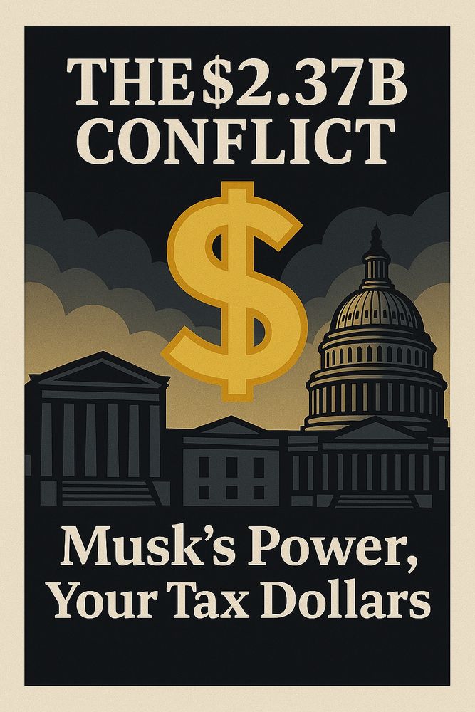 Image of a golden dollar sign over a darkened Capitol and other government buildings. Caption: "The $2.37B Conflict ... Musk's Power, Your Tax Dollars."