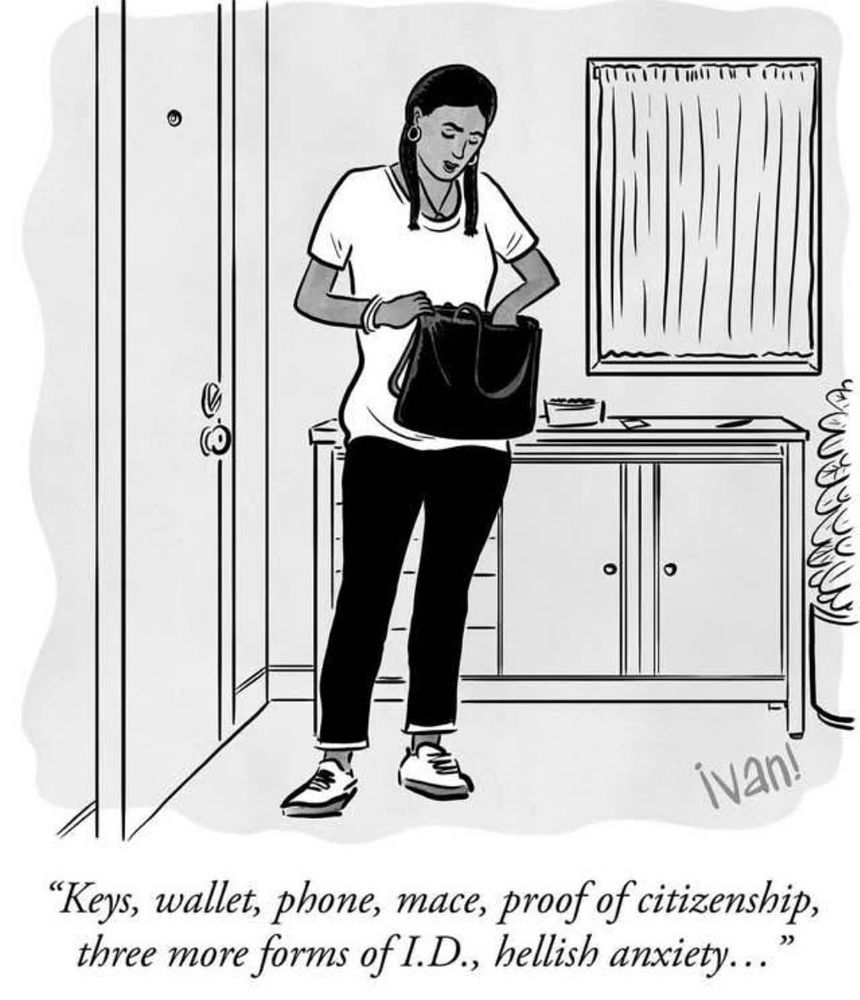 Political cartoon featuring an anxious woman ensuring she carries multiple forms of ID.