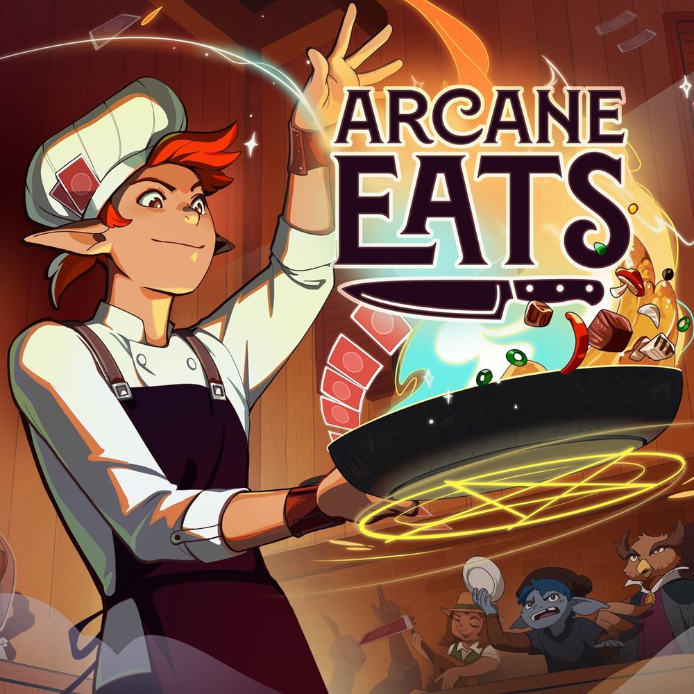The key art for the game Arcane Eats. It features a elven chef cooking with a pan full of magical fire, game cards, and tasty stir fry bits. There's a crowd of fantasy characters waiting to eat.