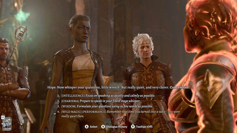 My wild magic sorcerer drow with a dialogue option that reads "remember that time you turned into a table - you were really quiet then" 