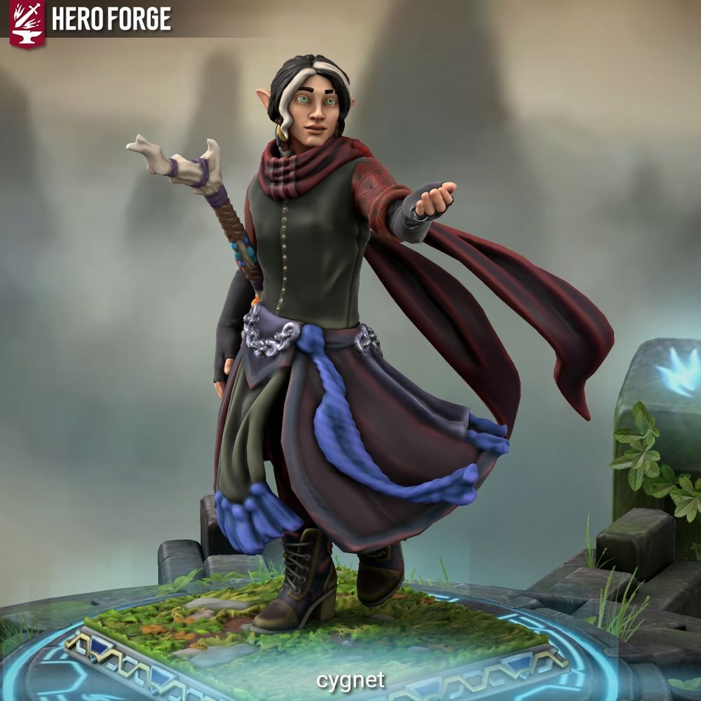A heroforge image of a male-presenting elf named Cygnet. They are dressed very modestly in heeled brown boots, long trousers, a skirt with three brownish red panels, blue cording & tassles, a dark green doublet & tabard, and a long sleeved red and black patterned undershirt. 

Long fingerless gloves in black cover their hands, and a thin but long dark red hooded scarf is around their neck. They are pale skinned, with dark hair and green eyes. Several locks of hair are a pale white, as if from shock or trauma.

 A white birch staff is at their side. They're striding forward and offering a hand towards the viewer with a friendly smile.