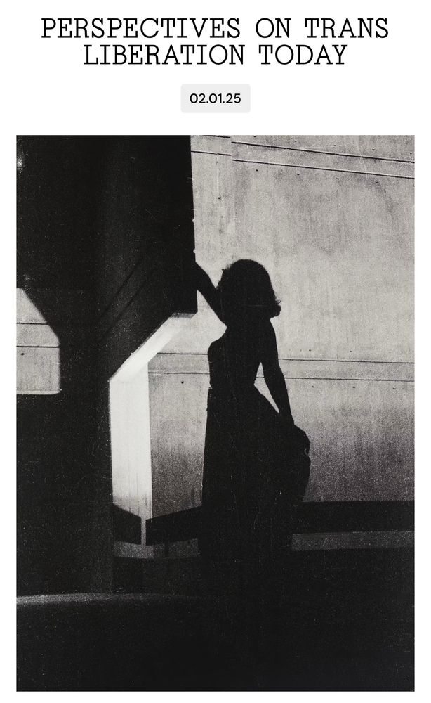The page title “Perspective on Trans Liberation Today,” and says February 2, 2025 hover over a black and white photograph of a woman in full shadow, she is and silhouette in front of sharp angular cement architecture. This is an image from the ongoing exhibition at the Institute for Studies on Latin American Art (ISLAA), titled “Dueñas de la Noche: Trans Lives and Dreams in 1980s Caracas”