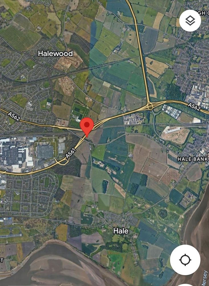 A map of Hale and Speke, south of Liverpool with a dropped map pin close to the divergence of A561 and A562.